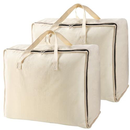 Belinlen 2-Pack Canvas Storage Bag 12OZ Thick Cotton Natural Closet Soft Storage Bag Sweater Organizer Box with Zipper and 2 Strong Handles, Beige