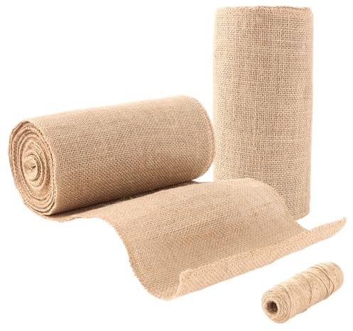 LDXDRU 2 Rolle Tischläufer Jute, juteband breit 20cm x 10m Meterware, Tischläufer Rolle Natur Jutestoff Beige mit Juteseil für Hochzeitsdeko, Gartenparty