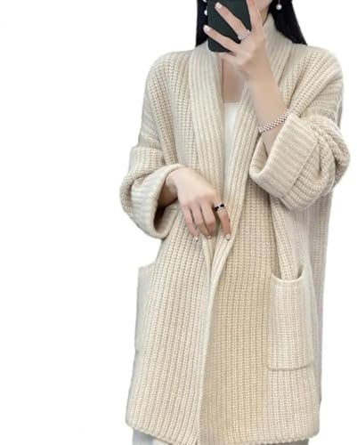 FULUJIDI Cardigan Sweater Manteau Femmes Pull Point Ouvert Tricoté Revers Lâche Épais Chaud Doux Élastique Mi Longueur Dame Manteau Veste Taille Unique Ivoire