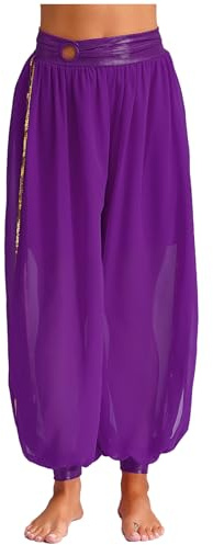 Jugaoge Pantalones de danza del vientre para mujer, pierna ancha, gasa, con abertura lateral, pantalones bombachos de princesa india Bloomers, morado, Talla única
