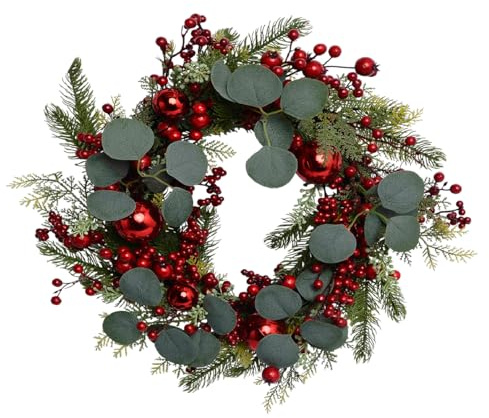 The Christmas Workshop 45cm Christmas Wreaths/Snowberries, Red Baubles, Holly & Eucalyptus/Decorative Round Artificial Wreaths for Indoor & Outdoor Use (Red Baubles)