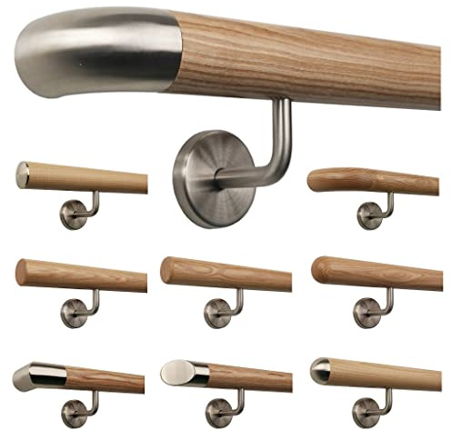 TIBU Esche Holz Handlauf Geländer 0,3m - 6m, Länge 40 cm, Ende Edelstahlbogen und 2 gewinkelte Halter