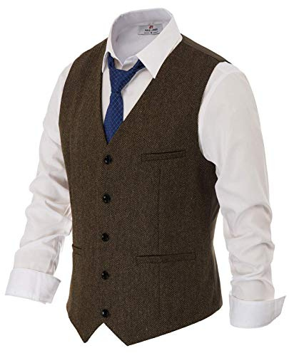 PJ PAUL JONES Mens Tweed Suit Vest Vintage Herringbone Wool Blend Waistcoat