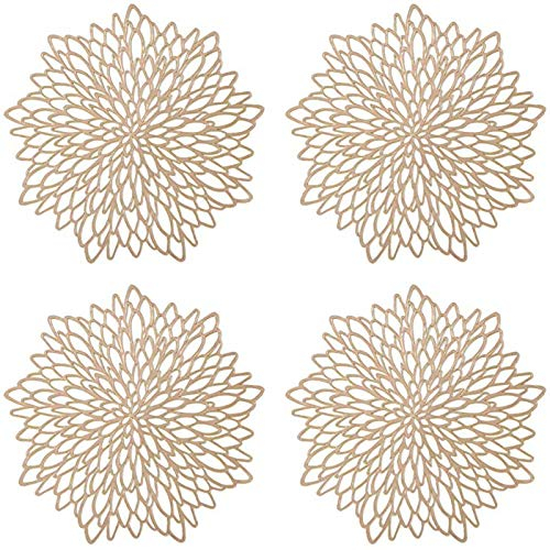 4 Piezas Manteles Individuales Huecos de Dorado, Manteles Individuales Redondo Hueco Flor Posavasos, Mantel Antideslizante de Hoja de Vinilo Laminado, para Decoración de Mesa (Dorado)