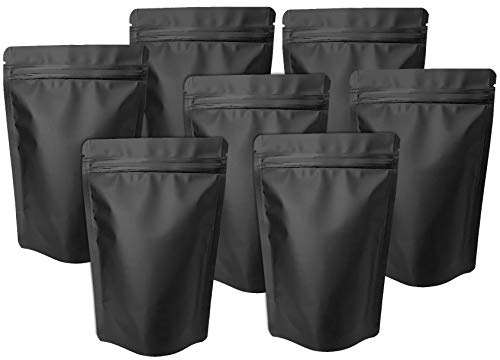 100-pack matt svart Mylar stående väskor – 14 x 18 cm luktsäkra återförslutningsbara påsar med Ziplock-påse, tätningsbara folieförpackningspåsar