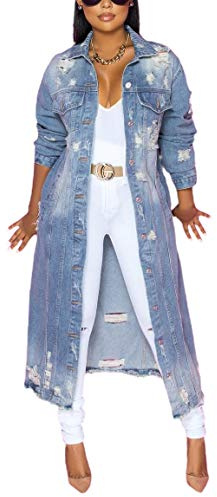 chouyatou Women's Spring Fashion Ripped Holes Maxi Long Denim Jacket Trench Coat (X-Large, Blue)