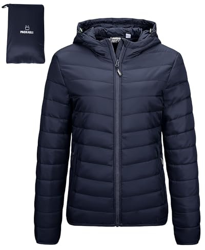 Outdoor Ventures Women's Winter Lightweight Puffer Jacket with Hood, Warm, Short, Packable, Quilted, Transitional, Padded Jacket for Ladies, Lined for Hiking, Travel Deep Blue S