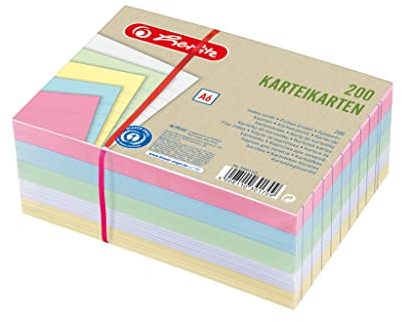 herlitz Karteikarten A6 liniert, 50 Stück pro Farbe: Rosa, Blau, Grün, Weiß und Gelb, 170g/m² holzfrei, 400 Stück, stabile Karteikarten für Schule, Studium & Büro