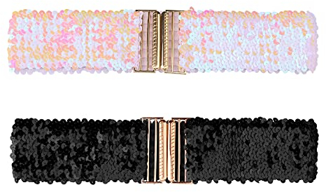 Allegra K Damen Breite Taillengürtel Interlock-Schnallen Pailletten-Dekor Glänzend Dehnbare Gürtel, 2 Stück Bunt 60cm/23.62