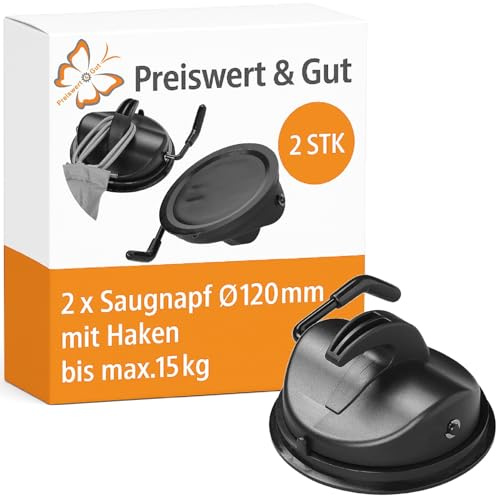 Preiswert&Gut 2 x Saugnapf mit Haken schwarz - Kunststoff - Ø120mm - Saugnapf Haken, Befestigung zb. für Vorzelte/Buszelte, Sonnendächer, Sonnensegeln bis maximal 15 kg