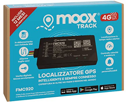 MOOX Track 4G Localizzatore Gps per Auto, Moto, Camion, Barca - App Facile da Usare, Posizione in Tempo Reale, Allarmi e avvisi - Sim e Traffico Incluso per 12 Mesi - Sempre Connesso - Blocco motore