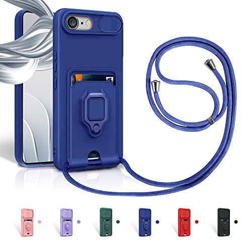 Aithne Case für iPhone 6/6S/7/8/iPhone SE 2022 Handykette Hüll,Slide kameraschutz,Silikon Handyhülle zum Umhängen Kette,360 Grad Ringhalter Stand Kartenfach-Blau