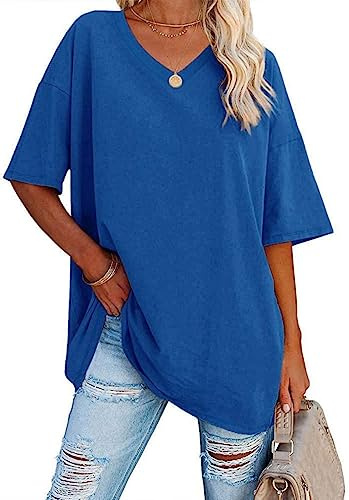 WINKEEY Maglietta da Donna Oversize Estiva a Manica Corta con Scollo a V Allentata t Shirt Basic Tee