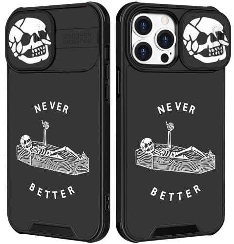 Goocrux (2in1 for iPhone 15 Pro Case Skull Skeleton Women Boys Goth Phone Cover Cute Fun Gothic Black Spooky Cool Unique Design with Slide Camera Cover+Ring Stand Holder for iPhone 15 Pro Cases 6.1''