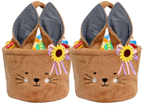 Tierisch süßer Osterkorb - Osterhase Plüschkorb zum Befüllen und Verschenken als frühlingshafte Osterdeko und Geschenkidee für ein blumiges Osternest. (2 Braun)