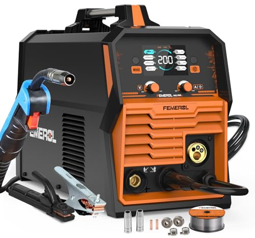 FEMEROL 200A MIG Welder,4 in 1 Gas MIG/Gasless Flux Core/Stick/Lift TIG Multi-process Welding Machine Large LED Display 110V/220V Multi Welder