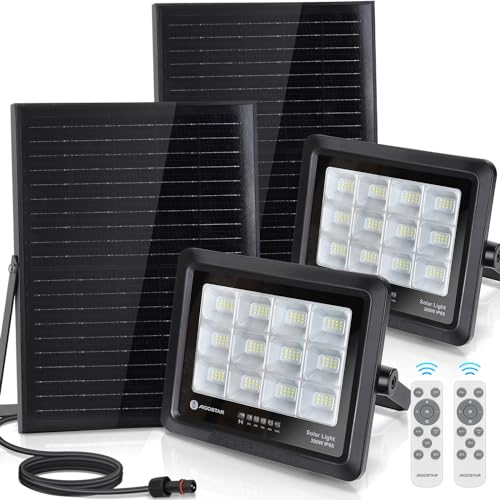 Aigostar Foco Proyector LED Solar 200w, Blanco Frío 6500K, con mando a distancia, Impermeable IP65, Visualización del nivel de batería, con Brillo y Sincronización ajustables para Jardín, 2 pcs