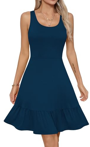 Missufe Damen Sommerkleid A Linien Skaterkleid Rüschenkleid Swing Ärmellos Racerback Freizeitkleider (Pfauenblau, Large)