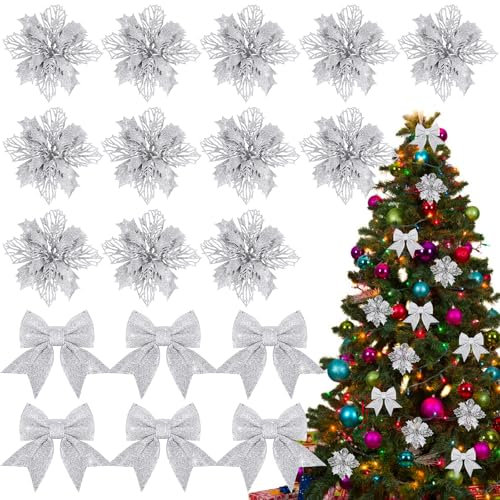 BOFUNX 12pcs Flores Navideñas Flores de Pascua Artificiales de Navidad+6pcs Lazos Navideños Adornos Decoración para Árbol de Navidad