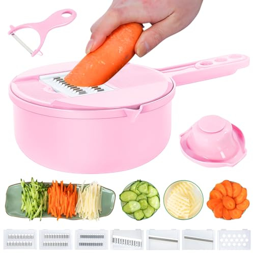 Gemüseschneider, 9-in-1 Kartoffelschneider, Gemüsereibe, Lebensmittelzerkleinerer mit Behälter, multifunktionaler Zerkleinerer, Gemüseschneider, Hobel mit 6 Edelstahlklingen für die Küche (Rosa,