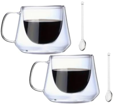 Buyers Arena. Double-Walled Heat-Resistant Glass Coffee Mugs with Comfort Grip Handle, Set of 2 Borosilicate Cup for Latte, Cappuccino. Gift for Holiday Birthday, anniverssary (2*200ml+glass spoons)