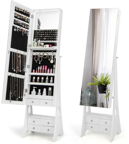 RELAX4LIFE Schmuckschrank, Spiegelschrank mit Ganzkörperspiegel & LED Licht & Schubladen, Schmuckorganizer neigungsverstellbar & freistehend, Schmuckaufbewahrung für Ohrring Ring Uhr Kosmetik, Weiß