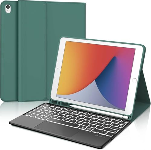 iPad 9 Generation Hülle mit Tastatur 10,2 Zoll für iPad 9/8/7 Gen - 7 Farben Beleuchtete Kabellose Abnehmbare mit Touchpad, Flexibles TPU Hülle mit Stifthalter, Deutsch (Dunkelgrün-Touchpad)