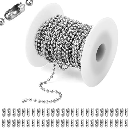 10M Catena Acciaio a Sfere Argento, Catena di Perline in Acciaio Inox con 50 Connettori Corrispondenti, Catena a Palline in Acciaio Inossidabile per Collana, per Portachiavi, Fai da Te, Braccialetti