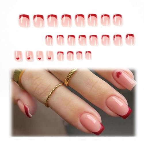 AVRUYPI Faux Ongles Court Carrés Français Nude, Artificiel Press on Nails, avec Gel Pad Ongles, Faux ongles pour la Saint-Valentin, ongles autocollants adhesif
