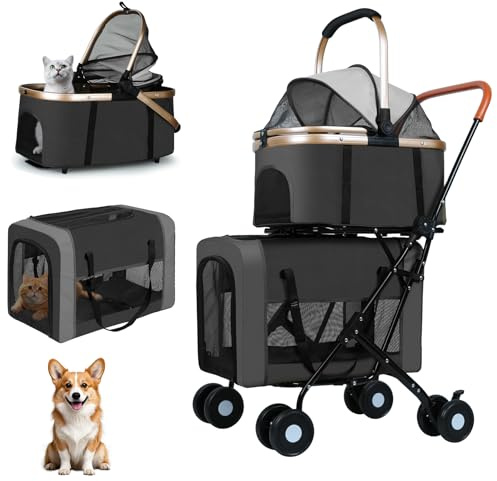Double Pet Stroller for Dogs and Cats: Dog Stroller Foldable Travel Carriage with Detachable Carriers, Safety Belts, and 4 Lockable Wheels for Small to Medium Pets – Ideal for Multi-Pet Homes (Black)
