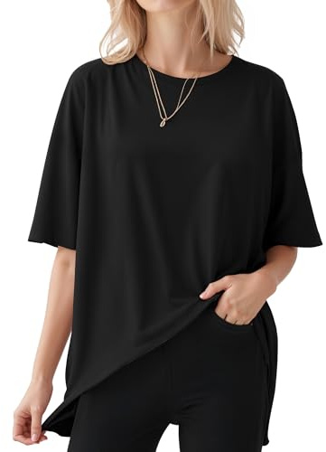 ALGALAROUND Damen T-Shirts Kurzarm Oversize Shirt mit Rundhalsausschnitt übergroßes Tshirt Oversized lockere Passform Basic Top Sommer Plus Size Oberteile Schwarz M