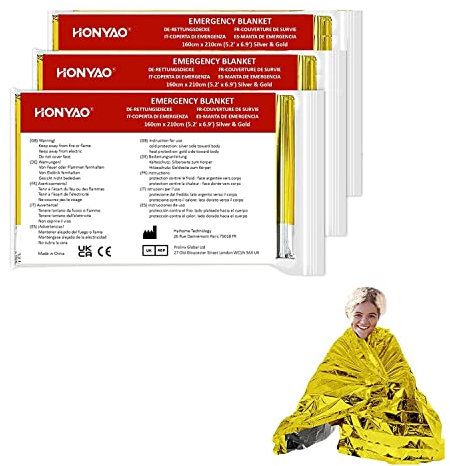 HONYAO Coperta Termica 3 Pezzi, 210×160cm, Coperta Termica Emergenza Oro Argento, CopertaTermica Sopravvivenza, per Salvataggio Protegge da Freddo, Pioggia, Calore e Vento, All'aperto