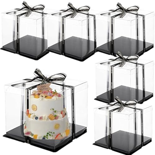 Zentriqlla 6 Pack Clear Cake Box with Ribbon, Tall Cake Carrier for 2-Layer Cake Holder, 10x10x9 inches Transparent Gift Boxes for Pastries with Lid and Black Board, Display Wedding Gift Packaging