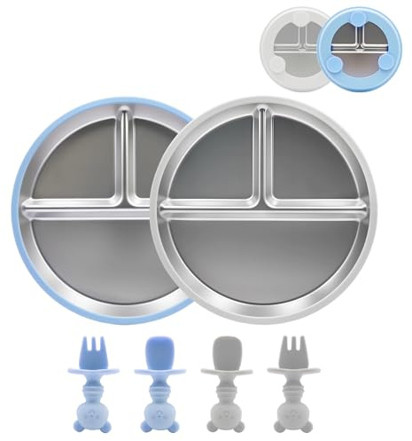 Nokwocy Assiette Ventouse Pour Bébé, Assiette Bébé, Assiette Compartiment Bébé, 2Assiettes Ventouse+2Cuillères+2Fourchettes, Parfait Pour le Séchage et la Période de l'Enfance (Bleu + Gris Clair)