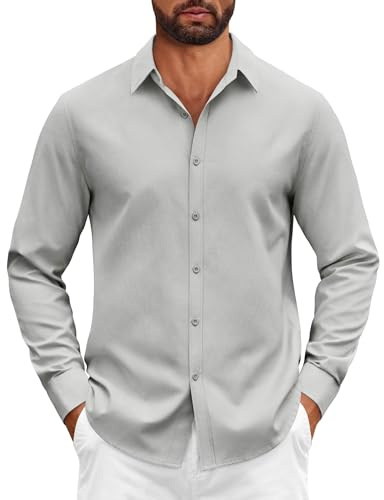 COOFANDY Camisa de Algodón de Manga Larga para Hombre Corte Regular Elástica para Boda Oxford para Traje Gris Claro XL