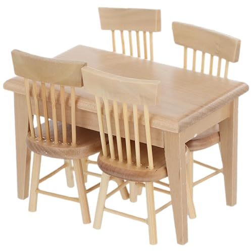 FRCOLOR Set De Muebles En Miniatura 1/12 Mesa De Madera Y 4 Sillas De Juguete para Casa De Muñecas Accesorios Realistas para Decoración De Manualidades Y Juegos Educativos