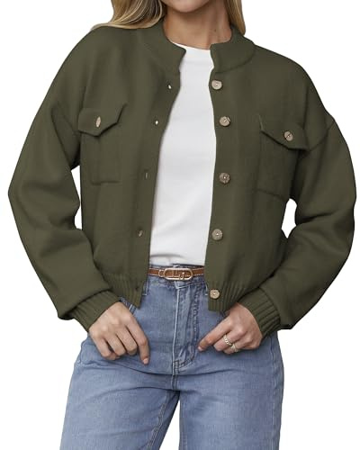 YUNDAI Womens Cardigans Cozy Long Sleeve Lightweight Cute Button Down Jackets Coats Ladies Tops Knitted Crew Neck Cardigan for Women UK, Small Army Green