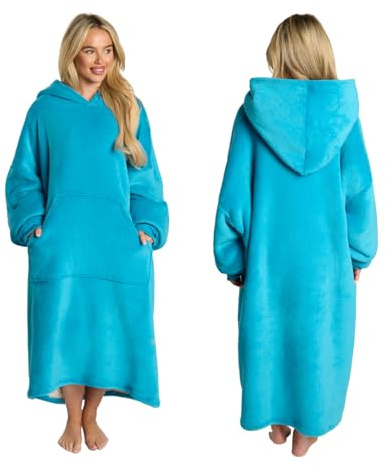 Sienna Extra Long Hoodie Blanket, Super Soft Coral Fleece Oversized Wearable Blanket with Pockets Sleeves Giant Throw Sweatshirt for Women Men Adults Girls, Sea Blue