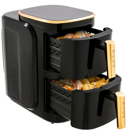 Friggitrice ad aria calda, con due cesti indipendenti 6L + 6L extra grande capacità elettrica friggitrice ad aria calda, per uso domestico, nero, oro, risparmio energetico, cottura rapida per feste in