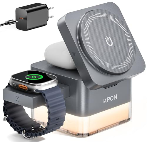 KPON Ladestation Apple Watch und Iphone für Magsafe, 3-in-1 Cube Induktive Ladestation mit Magsafe Ladegerät, Kompatibel mit iPhone 17 16 15 14 13 12 Air/Pro Max,für Apple Watch 11/10/9,Airpods (Grau)