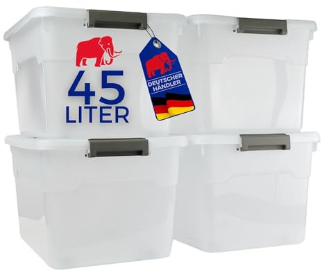 PROREGAL Aufbewahrungsbox mit Deckel 45L im 4er Set, Groß, Rollen, Plastikbox transparent stapelbar, Kunststoffbox Verschlussclips, Stapelbox Kunststoff Aufbewahrungsbehälter für Küche Haushalt Keller