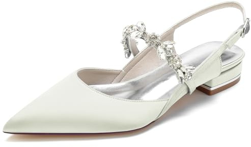 Kvinnors slingback satin bröllopslägenheter strass brudskor med spetsad tå Balklänning för bröllopsfest