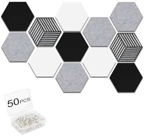 Acidea 12 Stück Filz Pinnwand Sechseckig, Selbstklebende Korkplatte DIY mit 50 Durchsichtig Pushpins für die wand, Moderne Pinnwand Dekoration für Fotos, Memos, Wanddekoration,Foto-Display-Tafel