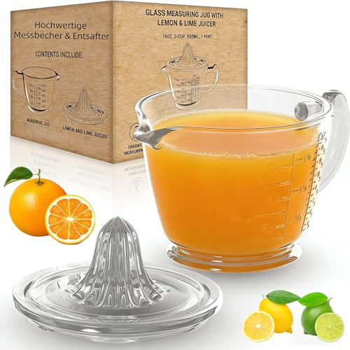 Presse à citrons et limettes manuelle en verre, gobelet doseur 500 ml, 2 gobelets, sans BPA, compatible lave-vaisselle, pour citron, limette, orange et pamplemousse