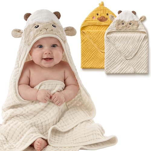 Blissful Diary Musselin Baby kapuzenhandtuch Baby, 2er-Pack,Weiche und Saugfähige Baby Handtuch Kapuze, Baumwolle Baby Badetuch Unisex, Babygeschenk, Baby-Basics, 81x81cm, Sonnige Ente & Sanftes Lamm | 81 x 81 cm, Baumwoll-Musselin, ultraweich, sehr saugfähig, waschbar, unverzichtbar für Babys, ideales Geschenk zur Geburt