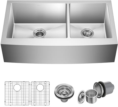 Kraus KHF203-36 Standart PRO Kitchen Stainless Steel Sink, 36 Inch Round Apron 60/40 Double Bowl