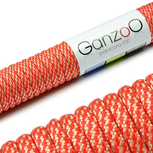 Ganzoo Paracord 550 Outdoor-Seil, Typ 3, 4mm Schnur, 30 m Länge, Nylon-Polyester, 7 Kernstränge, Allzweck-Seil für Camping Survival, zum Armband knüpfen, für Hundehalsband und Hundeleine, orange weiß