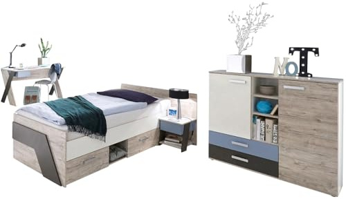 Lomadox Jugendzimmer Kinderzimmer Set, Sandeiche mit weiß, Lava blau, 90x200 Kojenbett, Schreibtisch, Nachttisch, Highboard