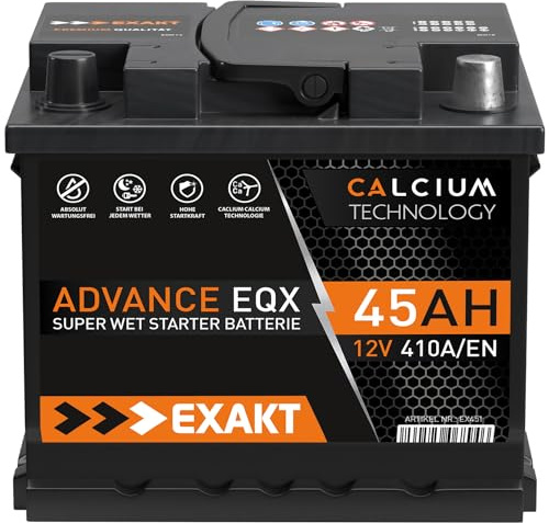 EXAKT Autobatterie 12V 45Ah Starterbatterie Auto Batterie ersetzt 44Ah