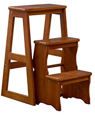 LHNLY-Trittleiter Klapptreppe Klapptritt Faltleiter 3 Stufen Holz Leicht und faltbar Tritthocker Leiterregale Bank für Zuhause Loft Bibliothek - 150 kg Kapazität (Braun)